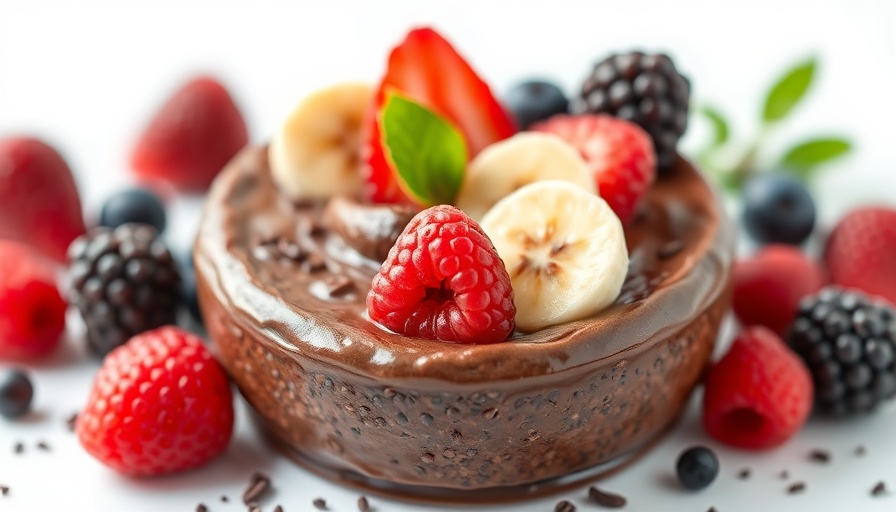 Dark chocolate berry chia pudding topped with fruit in a white bowl.