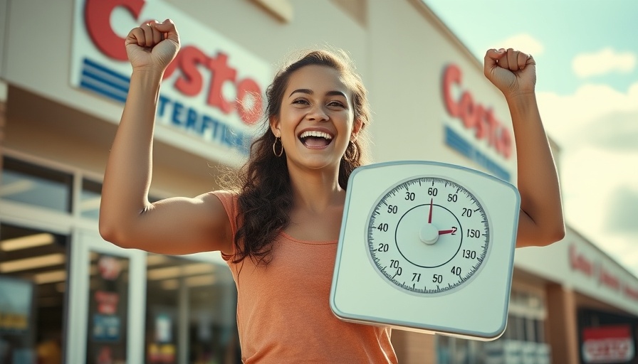Young woman with scale in front of Costco promoting body fat loss items.