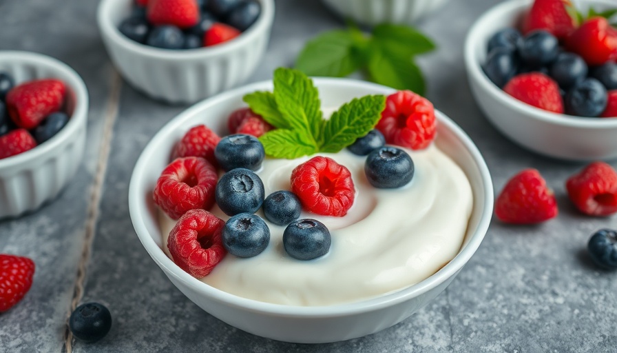 Yogurt with berries in a bowl, healthy snack for burning belly fat.