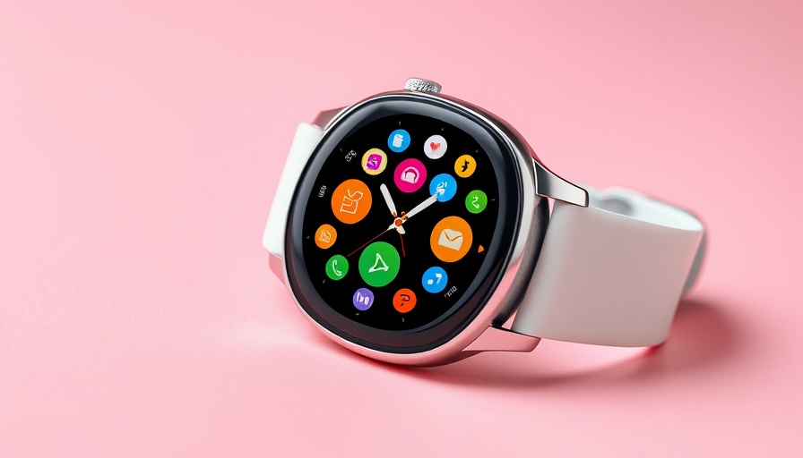 Elegant smartwatch displaying colorful apps on pink background