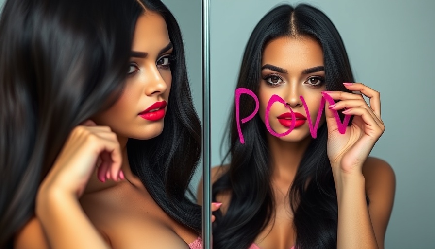 Stylish woman writing 'POV' with lipstick on a mirror, beauty theme.