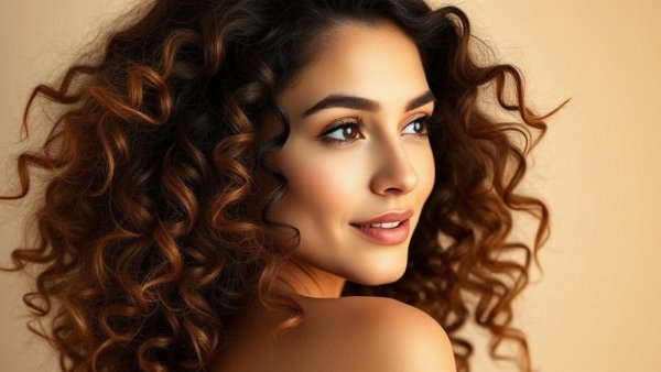 Close-up of woman with curly hair looking back, highlighting curls.