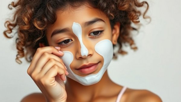 Young girl explores toddler skincare mask, peeling it off.