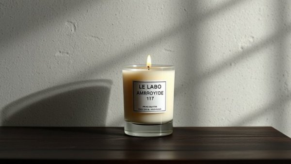 Minimalistic Le Labo Ambroxyde 17 candle on wooden surface.