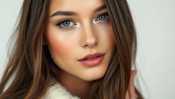 Ethereal winter 2025 makeup trend on young woman with sleek hair.
