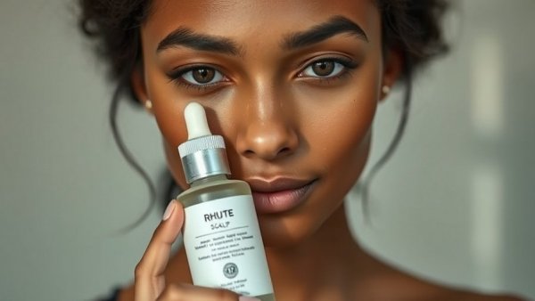 Woman holding Rhute scalp serum for scalp care promotion.