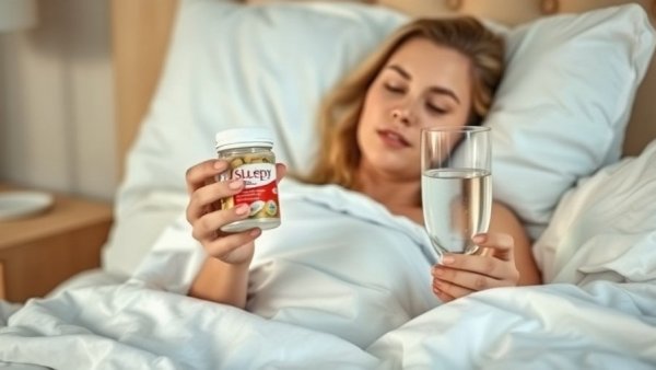 Business of Sleep in Beauty Retail concept with woman holding sleep supplements in bed.