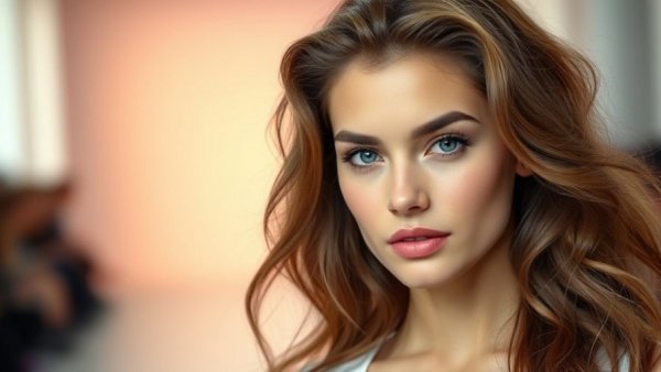 Model with voluminous hair, confident look, runway background.