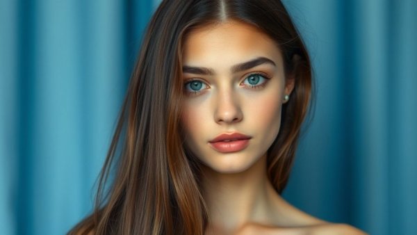 Close-up portrait of woman, neutral expression, against blue curtain.
