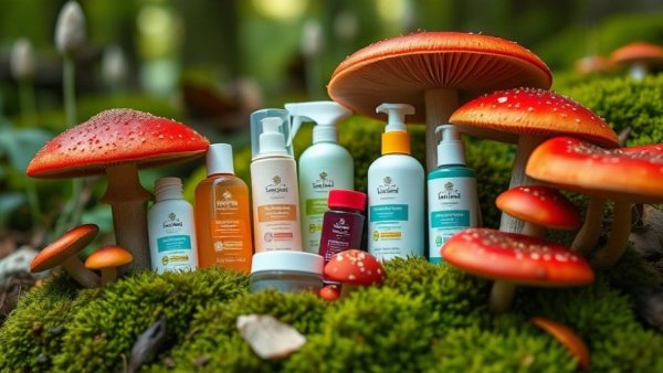 Ancient ingredients wellness products with red mushrooms in forest setting.