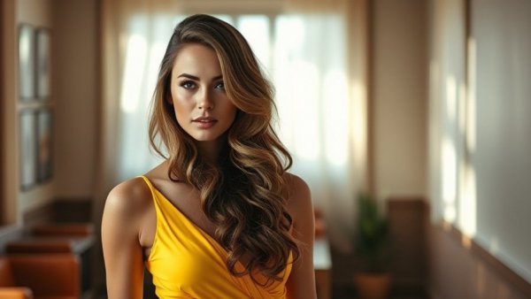 Confident woman in yellow dress with soft lighting indoors.