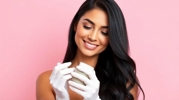 Indie beauty brand presentation with a smiling woman on pink backdrop