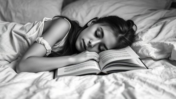 Vintage photo of a young woman sleeping on a book promoting sleep hygiene.
