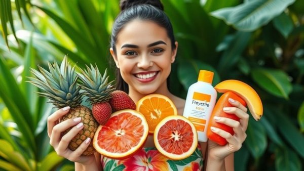 Colorful tropical fruits and clean gel sunscreen outdoors.