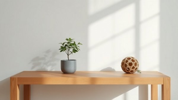 Minimalist wooden decor with plant and sculpture in soft light.