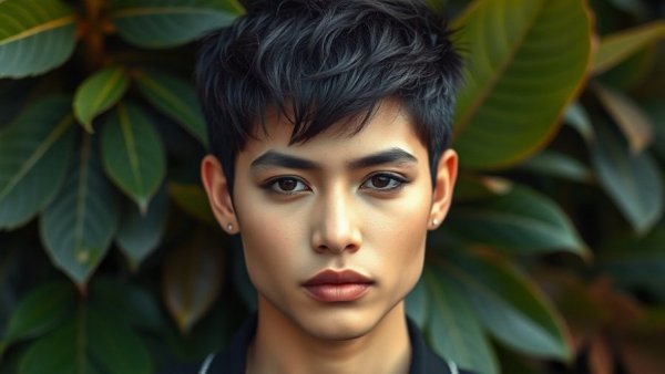 Individual with a textured pixie cut in front of vibrant leaves.