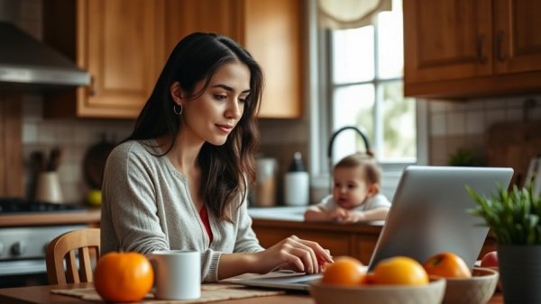 Woman multitasking with baby, showcasing innovative parental leave strategies.