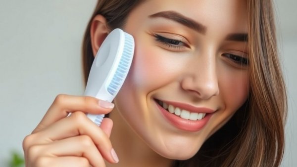 Young woman using light therapy brush, Foreo For EveryOne affordable beauty tech.
