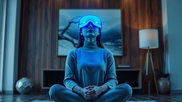 Woman using HigherDose red light therapy mask indoors.