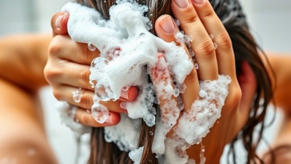 Hands massaging shampoo in wet hair with foam lather, 2026 Haircare Trends.