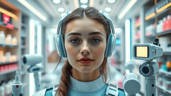 Beauty predictions for 2026: Young woman with futuristic gadgets.