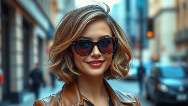 Wavy bob hairstyle 2026, woman in large sunglasses in urban setting.