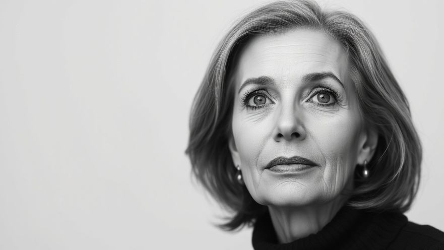 Serene 45+ woman showcasing anti-aging products in a minimalist portrait.