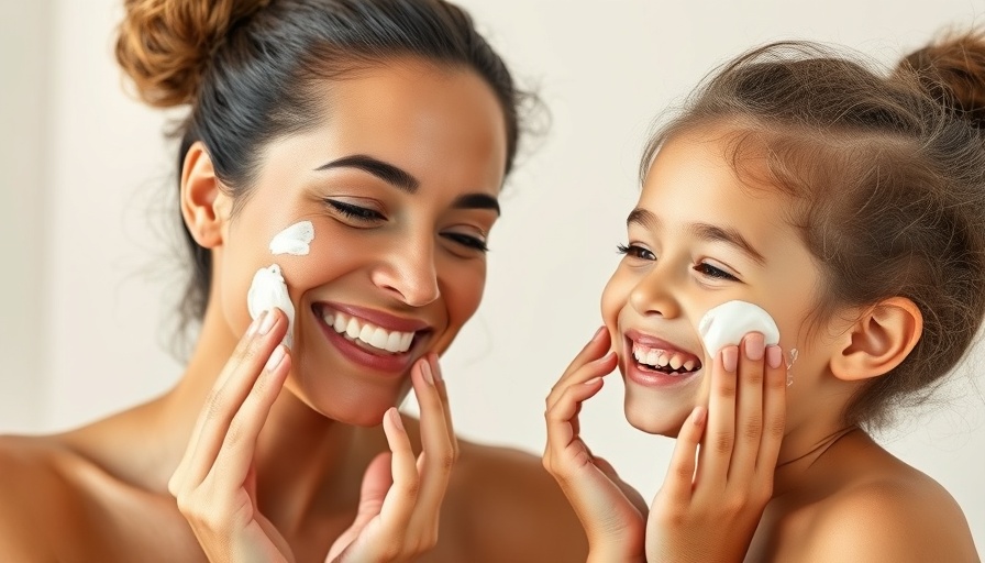 Generation Alpha Beauty: Smiling woman and child applying skincare cream.