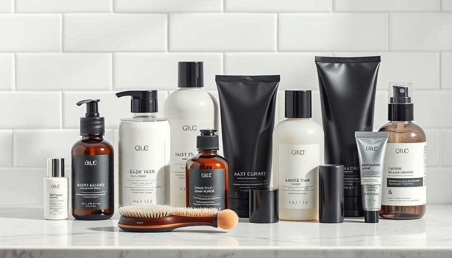 Neatly arranged Grooming Lounge in-house products on a clean countertop.