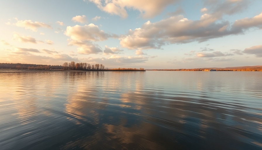 Tranquil lakeside view at sunset near cancer respite center.