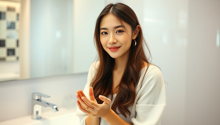 Young woman washing hands in modern bathroom reflecting on skin health.