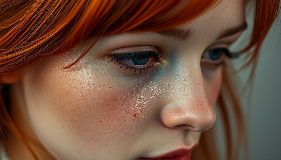 Young woman with red hair and glitter freckles wearing makeup.