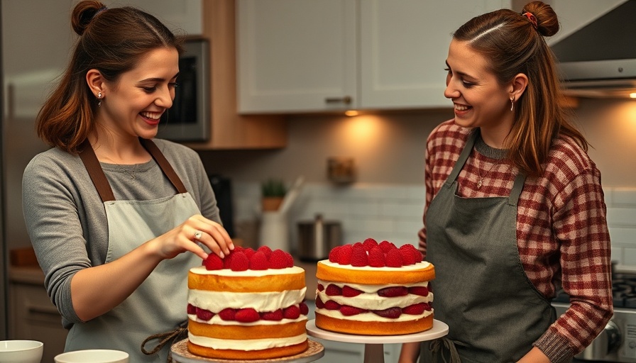 People decorating cake in cozy kitchen, casual setting.