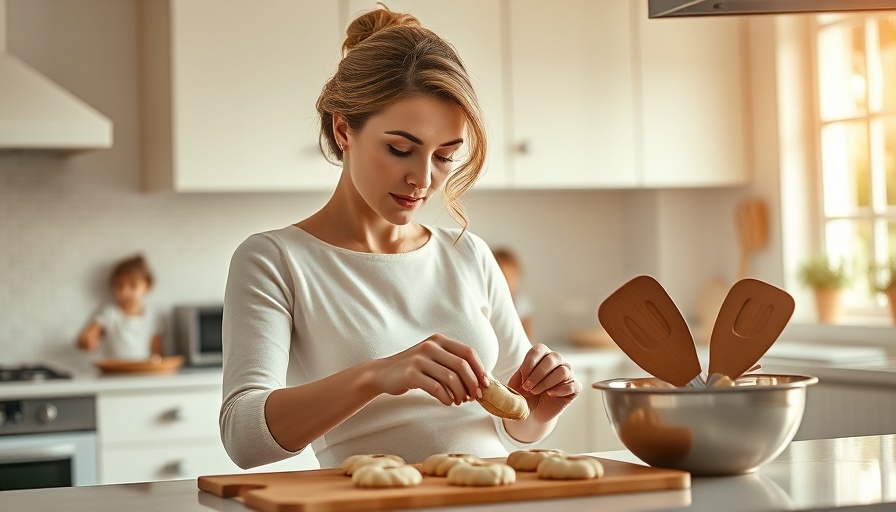 Elegant woman baking cookies in a bright kitchen with warm lighting.