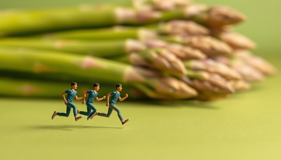 Miniature figures running alongside giant asparagus spears, spotlight on Ozempic relationship changes concept.