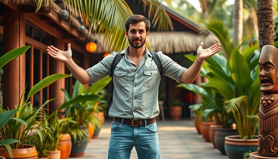 Man standing confidently at a tropical resort entrance, The White Lotus theme.