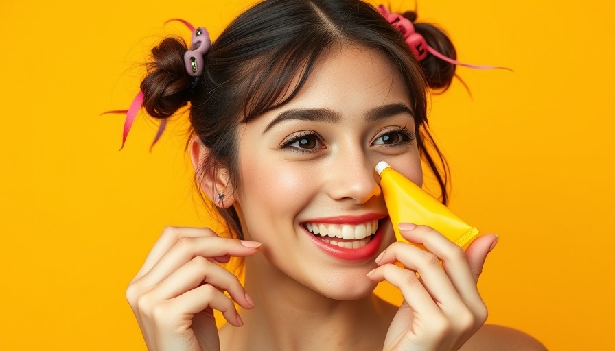 Smiling woman using K-beauty product at Ulta against yellow background.