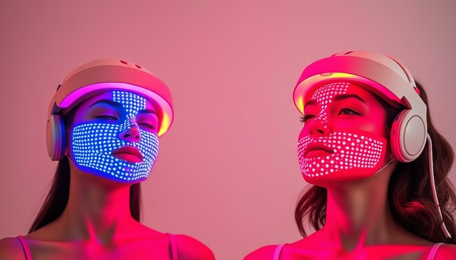 Women using red light therapy masks, one glowing with light.