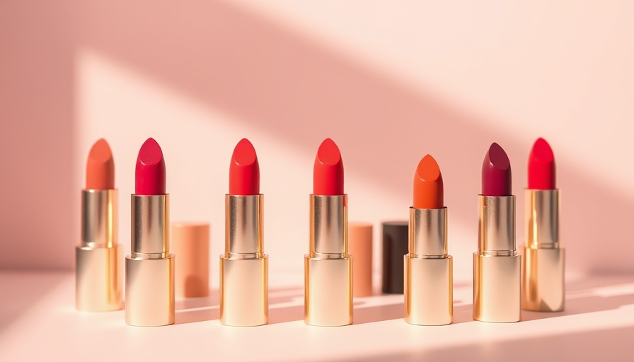 Indie Beauty 2025 Trends minimal lipstick array on pastel background.