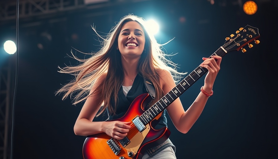 Energetic performer with long hair playing guitar on stage.