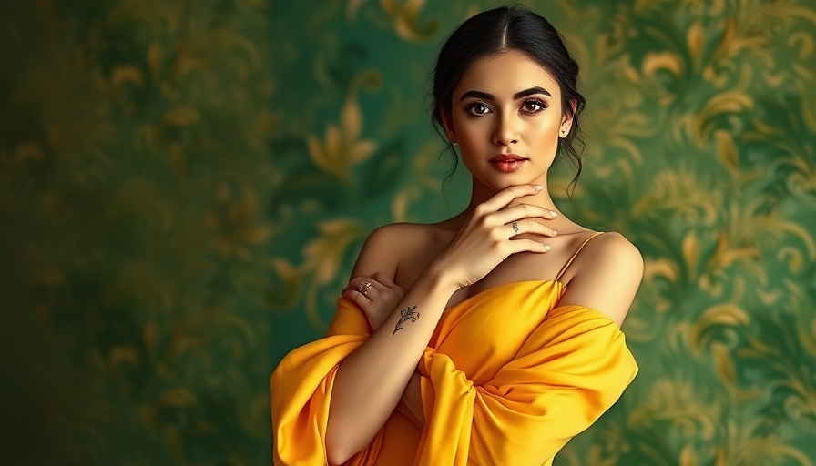 Elegant woman with hand tattoos in yellow dress against green backdrop.