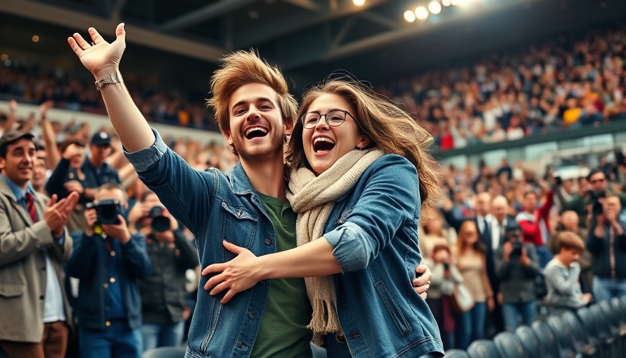 Young couple embraces in joyful celebration at stadium, vibrant crowd scene.