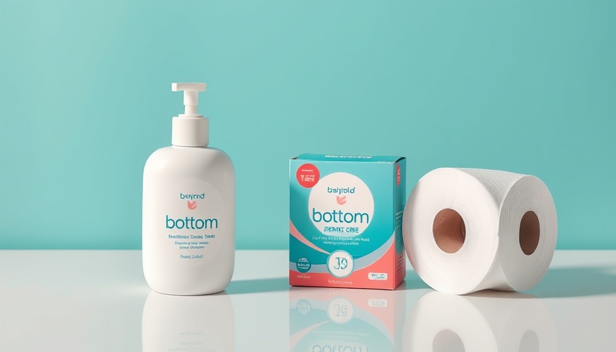 Bottom care products with dispenser and toilet paper against teal background.