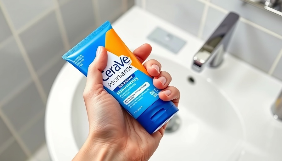 Hand holding CeraVe Psoriasis Moisturizing Cream in bathroom.
