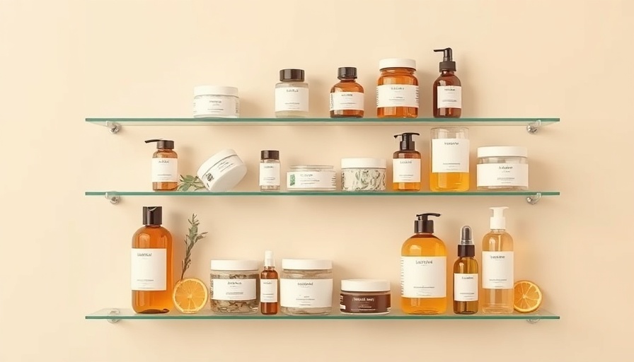 Natural beauty product display on glass shelves highlighting hormone safety.