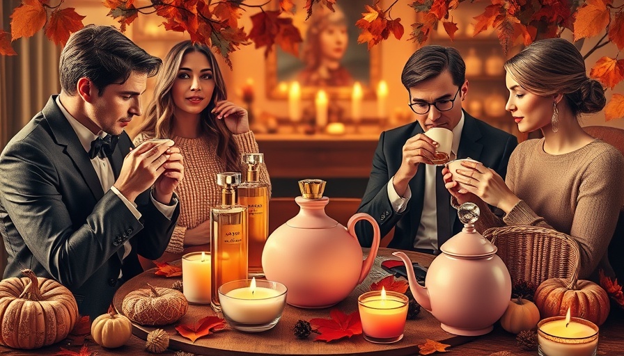 Tea perfumes in a vibrant collage highlighting fall fragrance trend.
