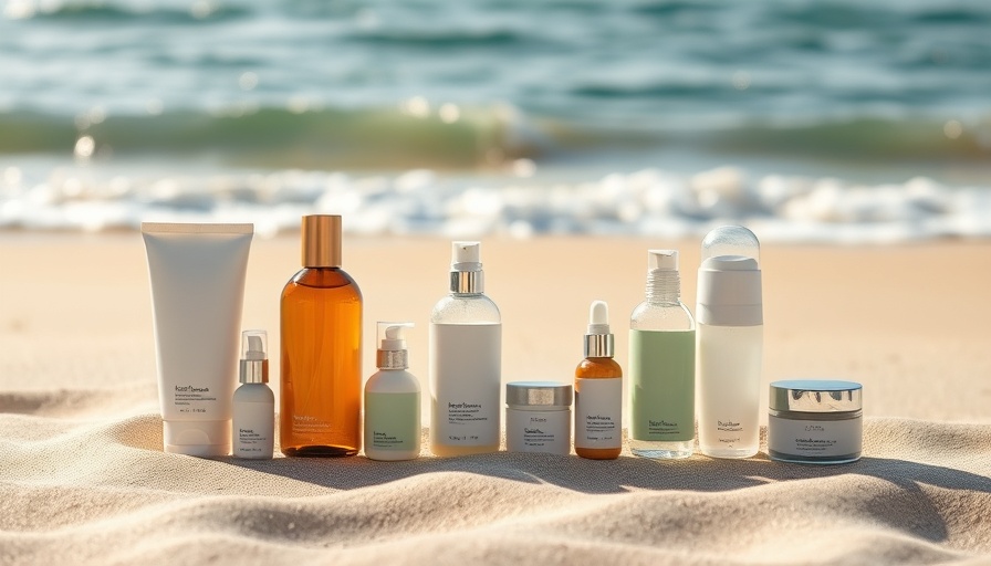 Clean beauty products on sandy beach near ocean waves.