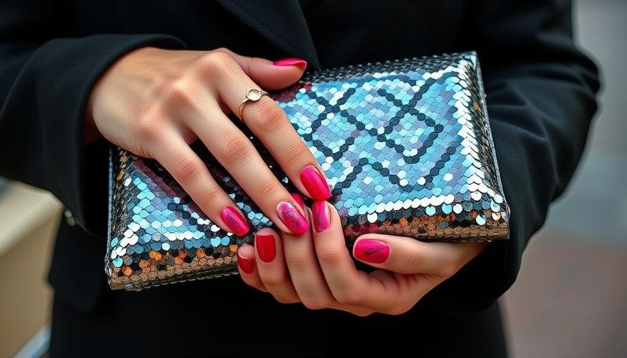 Stained glass nails holding a sequin clutch, vibrant nail art.