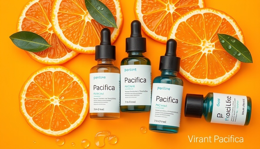 Pacifica serum bottles with oranges and droplets on orange background.