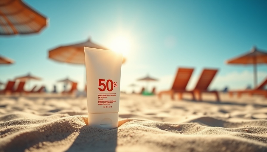 Vibrant SPF sunscreen bottle on sunny Australian beach.
